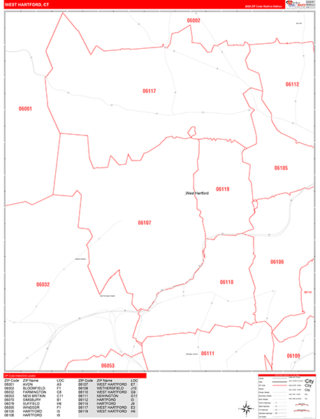 West Hartford Zip Code Wall Map
